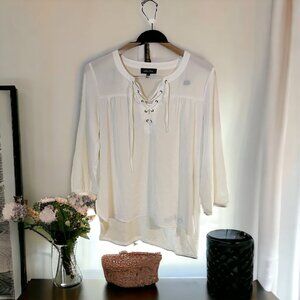 Melissa Paige Womens Tunic Top White S Lace-Up 3/4 Sleeves Chiffon Cottagecore